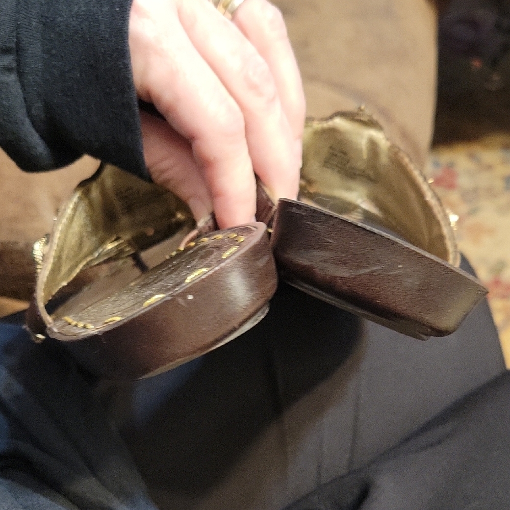 BCBG Brown Sandals with Turquoise and Gold, Call Out,  Scratches Size 7.5 (408) - Picture 10 of 12